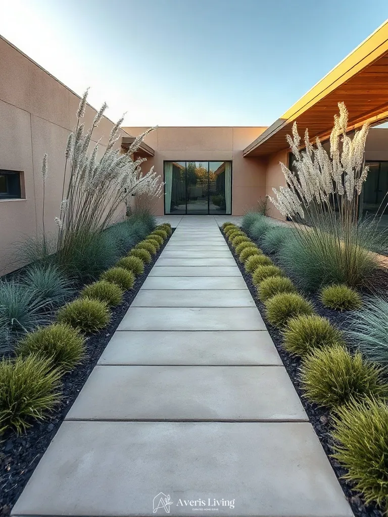 Modern backyard stepping stones design framed by ornamental grasses