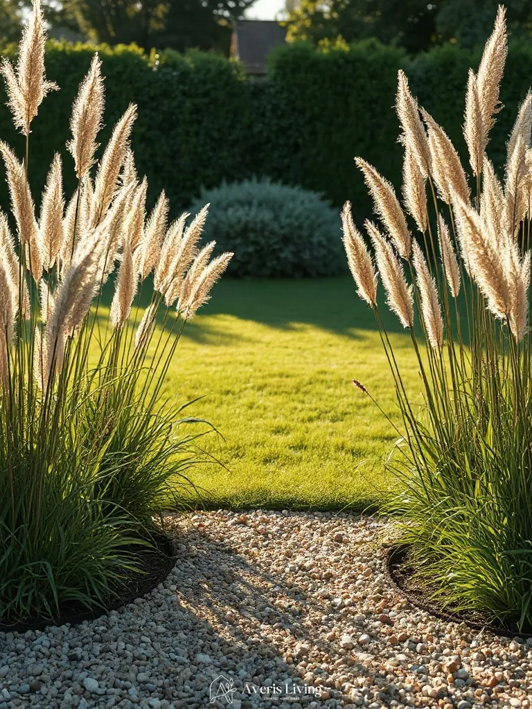 Drought-tolerant ornamental grasses framing a luxury landscape design