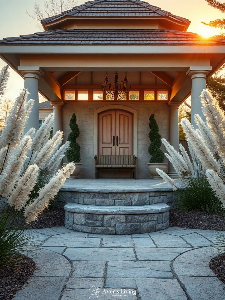 Ornamental grasses framing an aesthetic backyard gazebo design