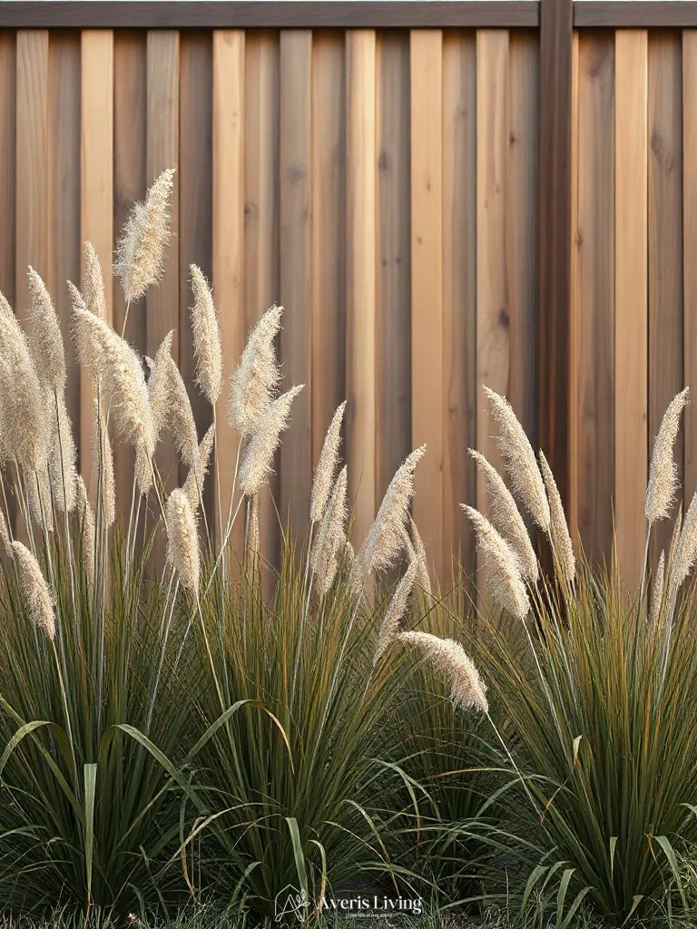 Ornamental grasses framing rustic fence layout
