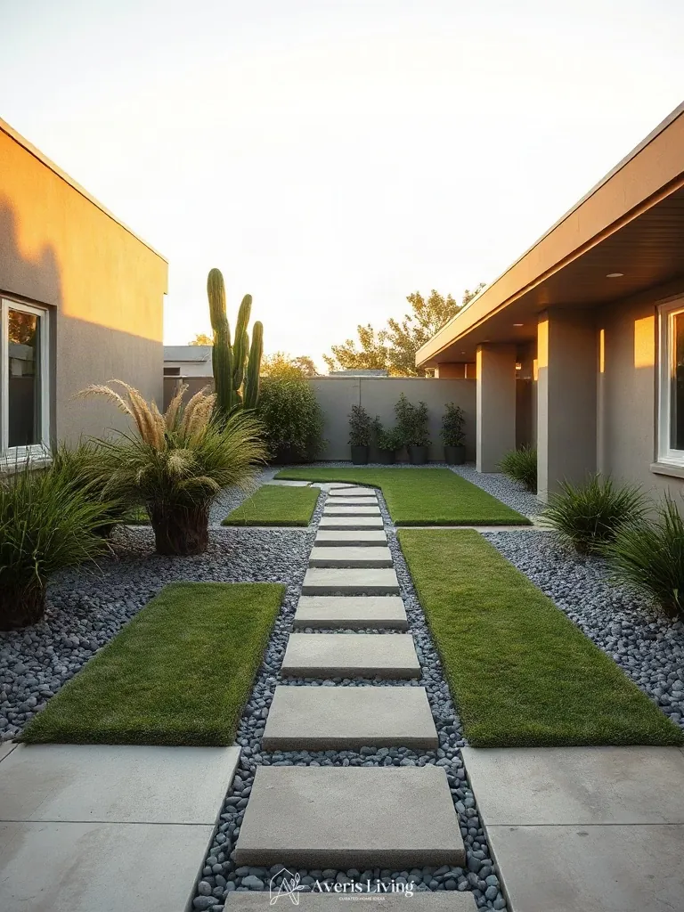 Ornamental grasses framing backyard stepping stones