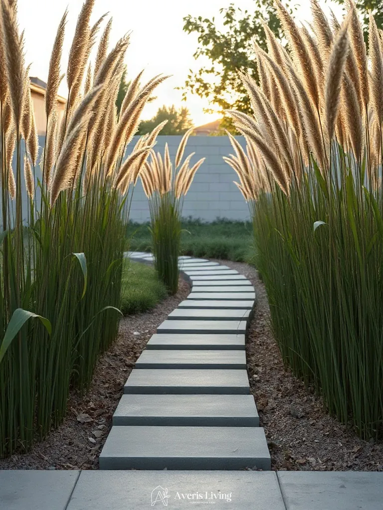 Ornamental grasses framing a modern backyard stepping stones makeover