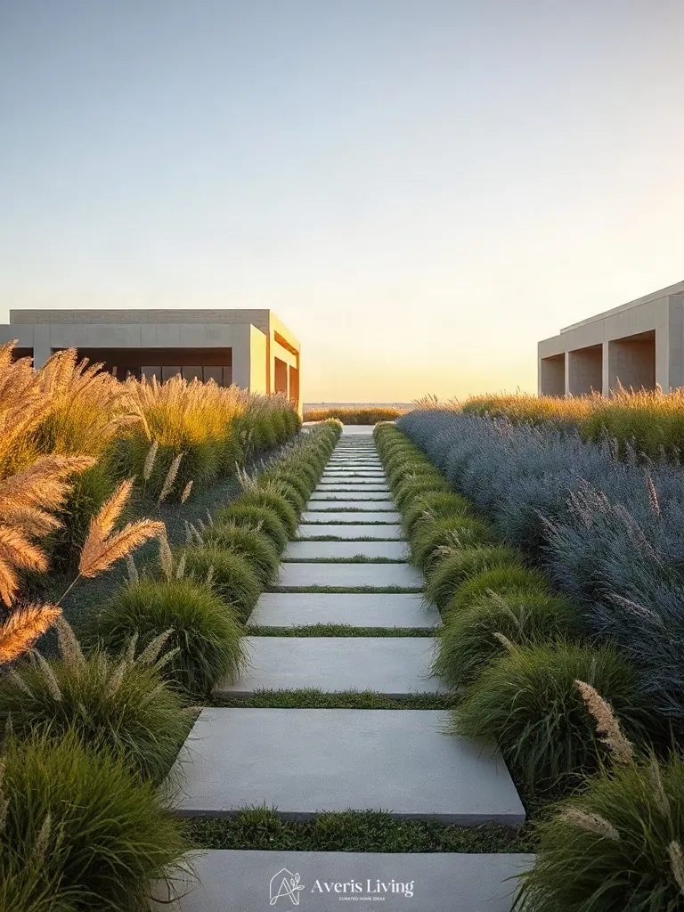 Drought-tolerant ornamental grasses framing sandstone stepping stones