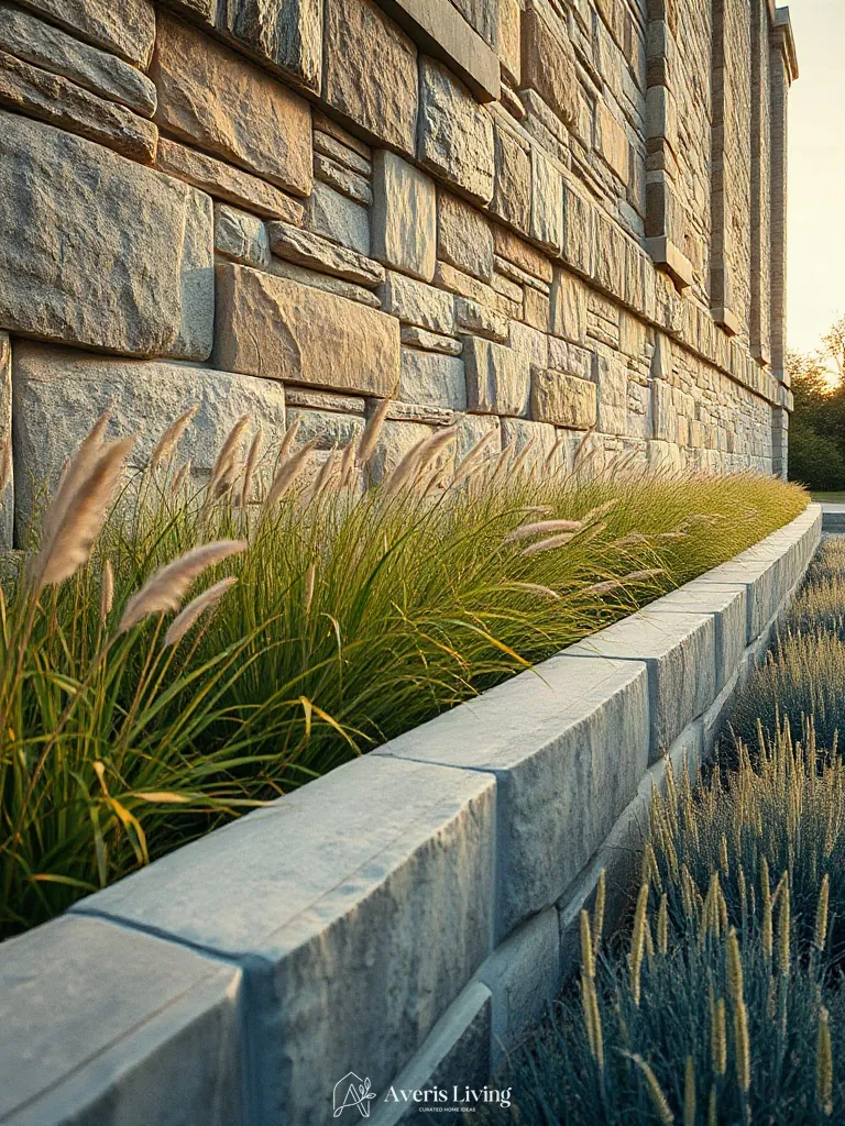 Ornamental grasses framing modern backyard retaining wall