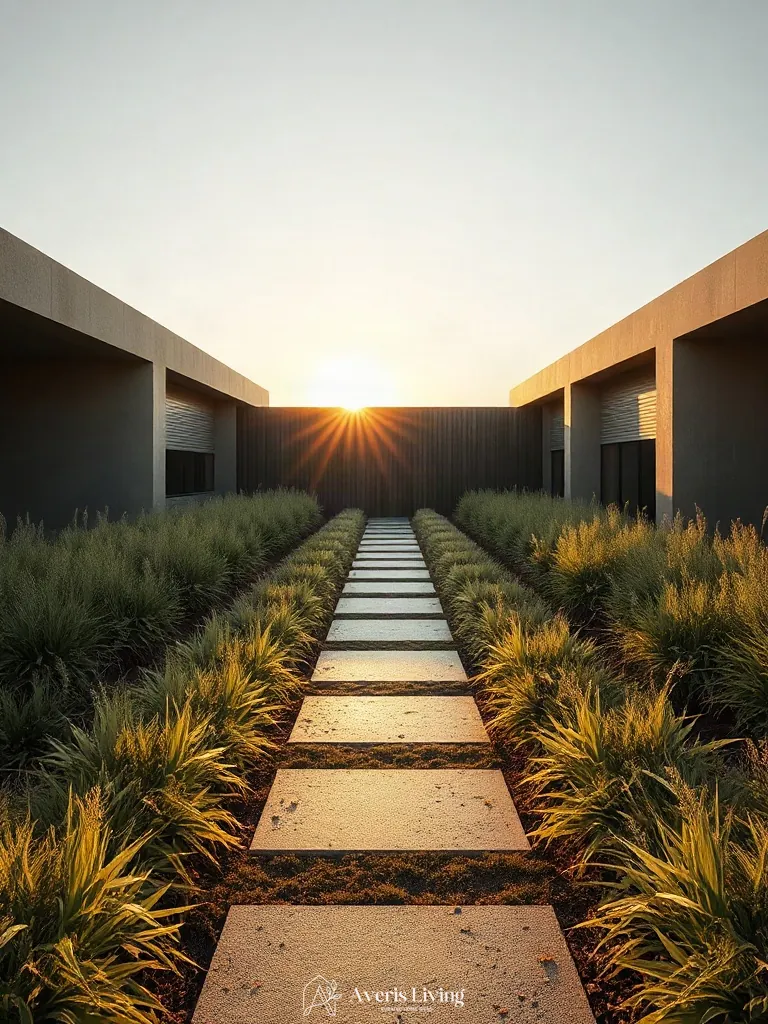 Stepping stones framed by elegant drought-tolerant ornamental grasses