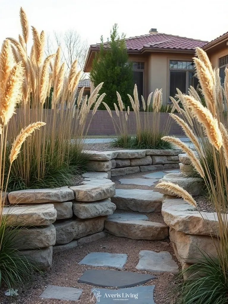 Ornamental grasses framing a backyard retaining wall