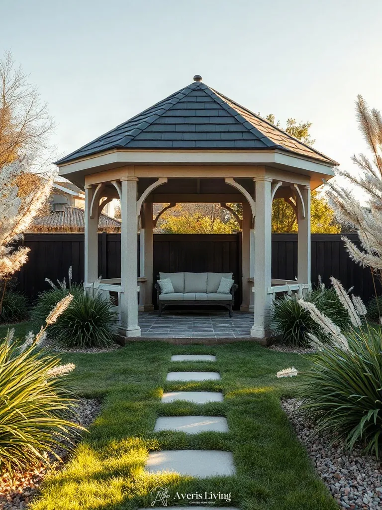 Ornamental grasses framing a cozy backyard gazebo
