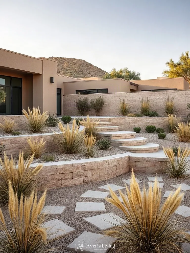 Retaining wall framed by ornamental grasses