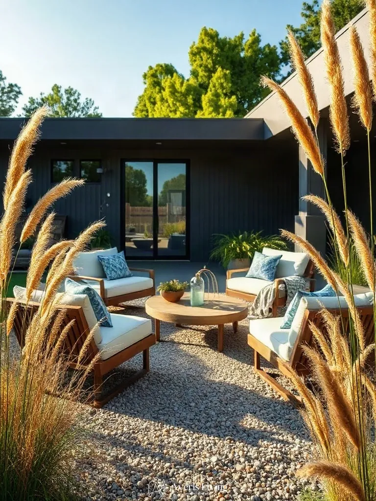 Wispy ornamental grasses framing boho patio seating ideas in a modern landscape.