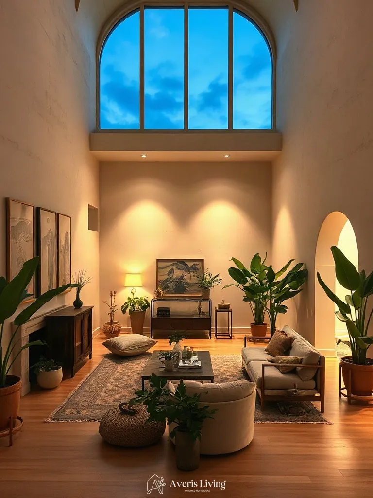 Dusk ambiance in a boho living room featuring indoor plants