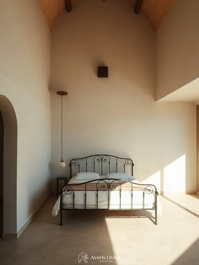 Dusk ambiance and shadow play on an architectural iron bed frame