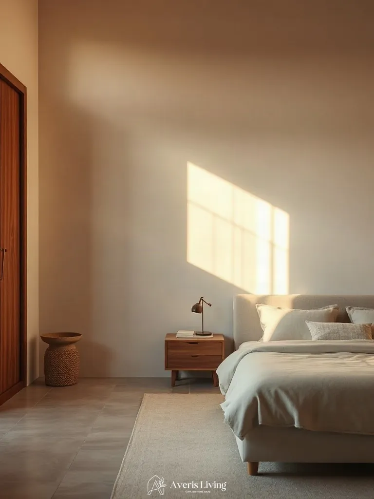 Golden hour sunlight illuminating floating nightstands in a serene small bedroom