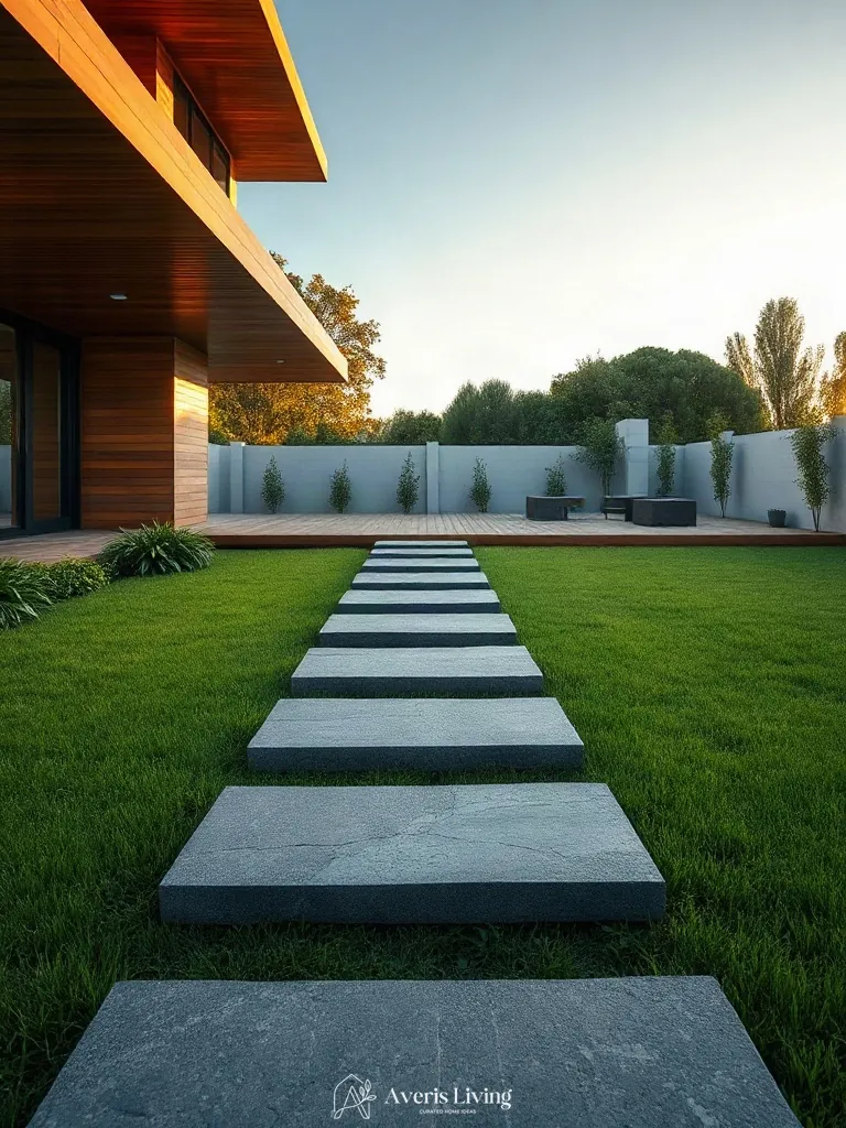 Floating stepping stones bridging a wooden deck and backyard lawn