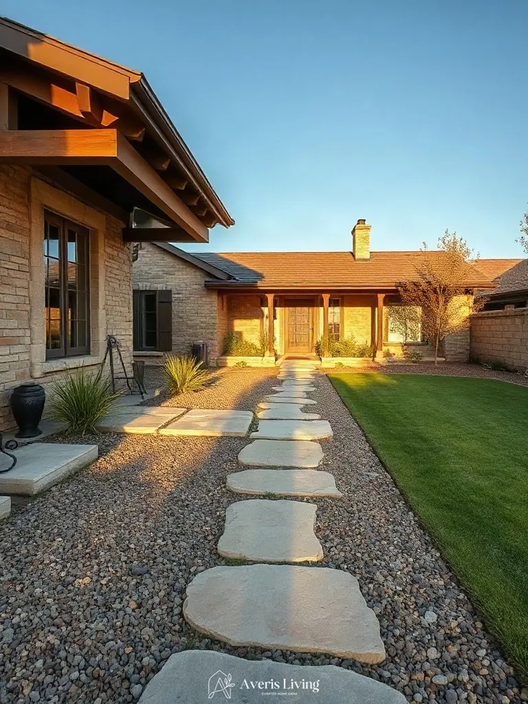 Rustic flagstone stepping stones in an open backyard