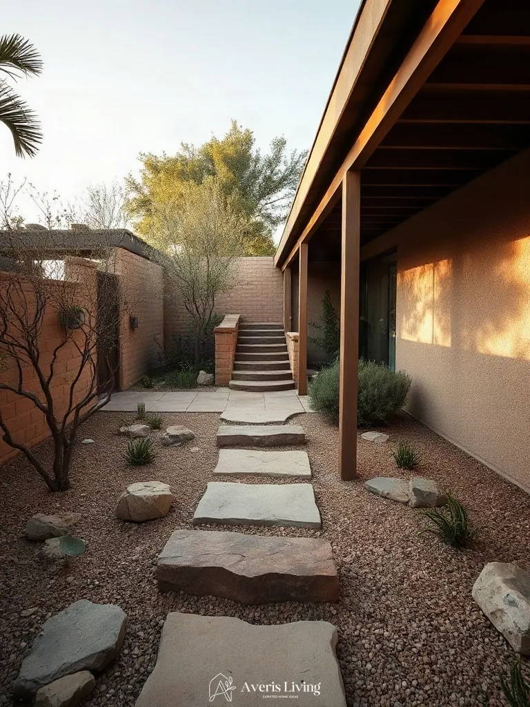 Earthy mineral palettes on a modern drought-tolerant pathway