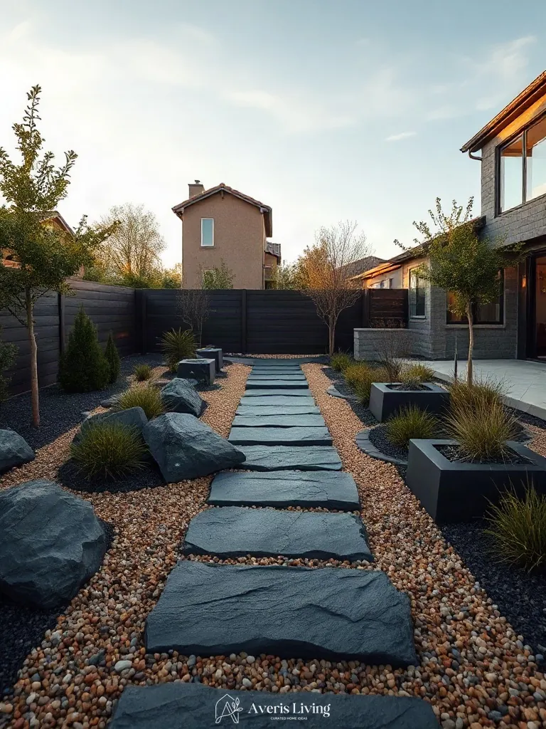 Basalt and slate materials in a modern backyard stepping stones makeover