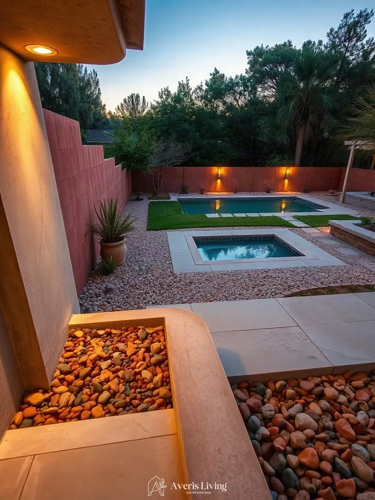 Raw terracotta, pebble infills, and concrete in boho backyard privacy fence makeover
