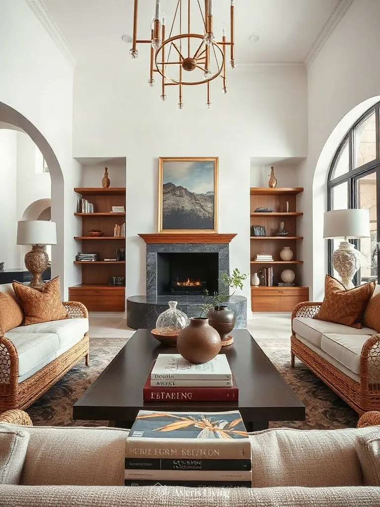 Editorial coffee table styling within a rattan furniture living room styling design