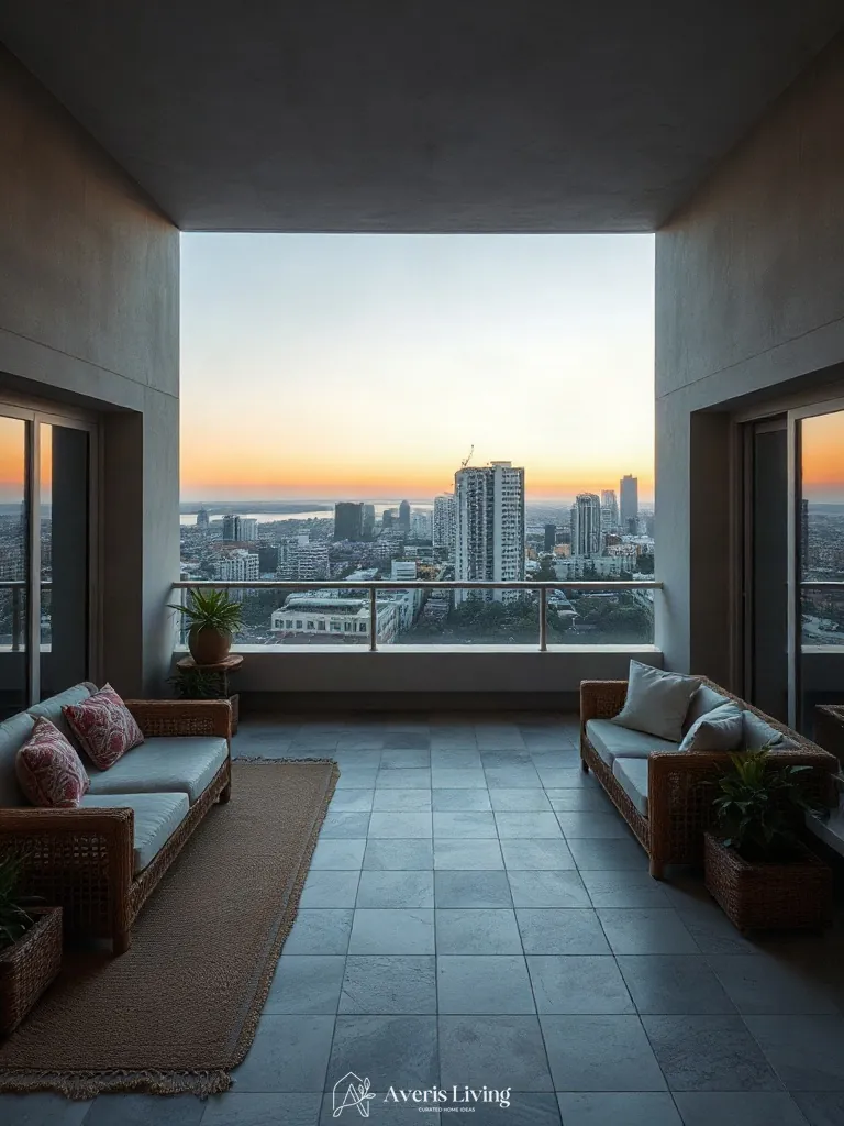 Elevated spatial overview of a bohemian balcony decor layout with woven rugs and low seating.