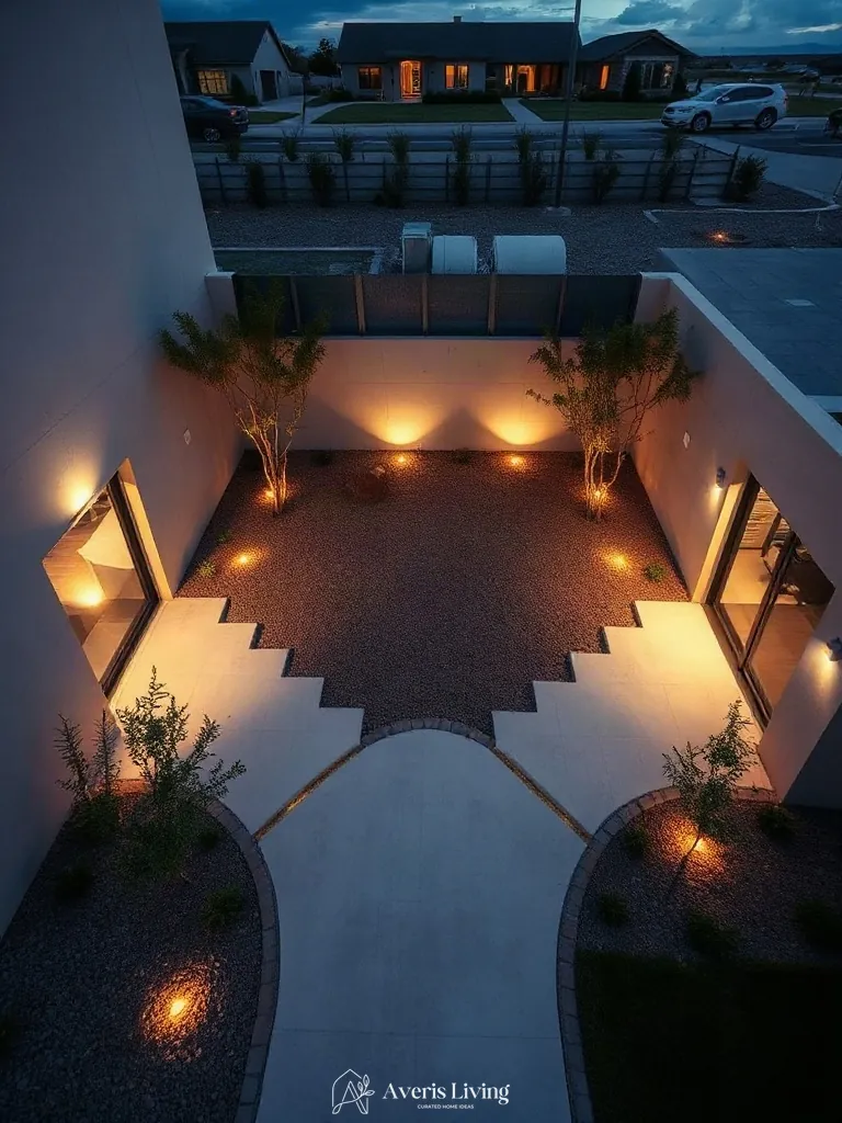 Elevated spatial overview of a modern low maintenance backyard landscaping design with clear functional zones.