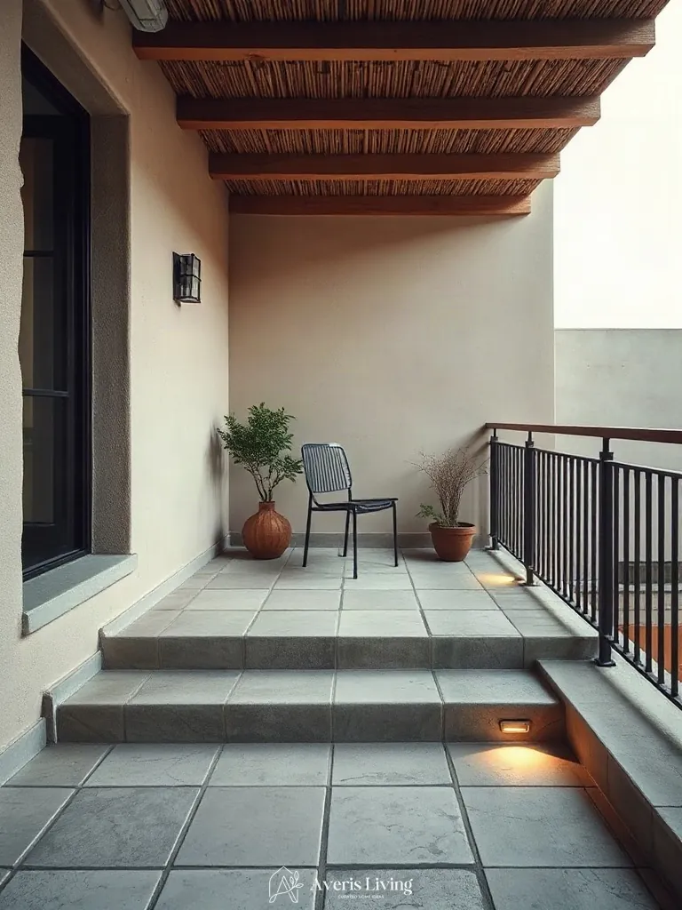 Elevation transitions and threshold details on a bohemian balcony decor setup.