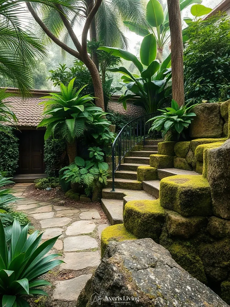 Weathered rock retaining wall with moss in a tropical garden