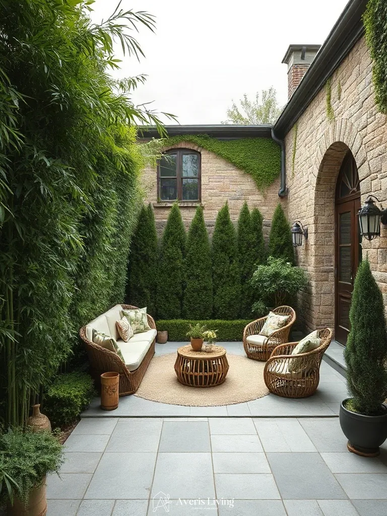 Natural living walls enclosing an intimate exterior patio featuring boho seating ideas.