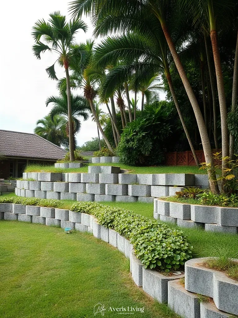 Engineered tropical backyard retaining wall on a hillside