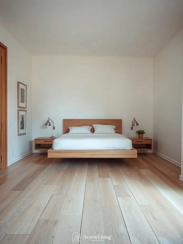 Uninterrupted floor plane exposure using floating nightstands in a small bedroom