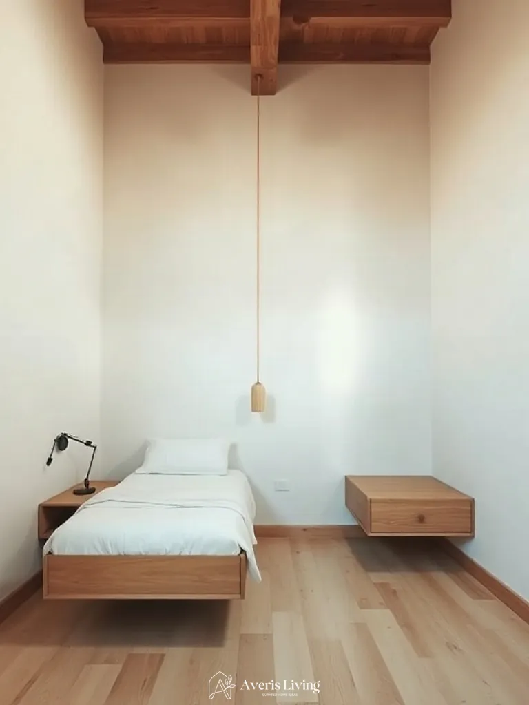 Floating nightstands in an earthy boho bedroom aesthetic