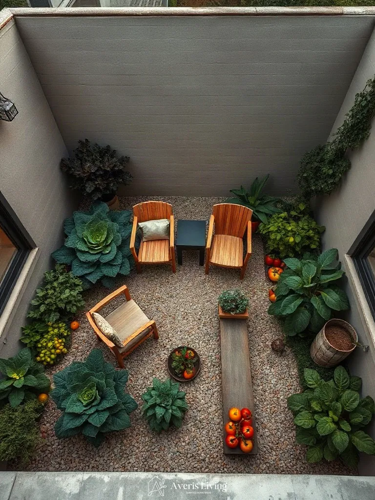 Ergonomic gathering area in a stylish no grass backyard vegetable garden layout