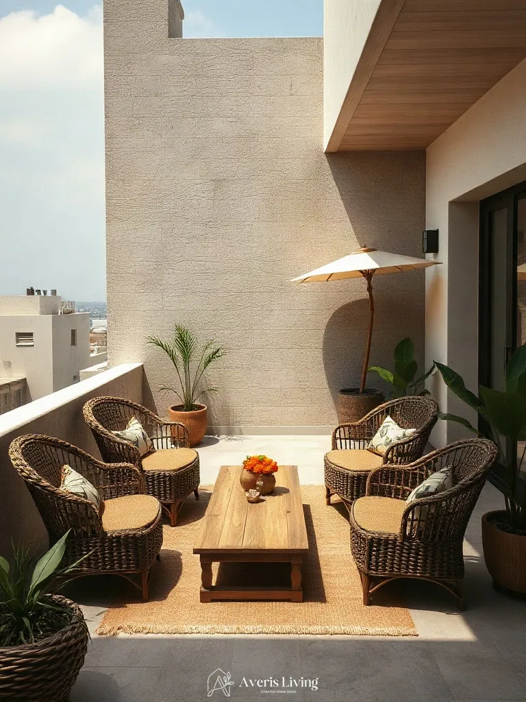Ergonomic gathering area and conversation pit in bohemian balcony decor.