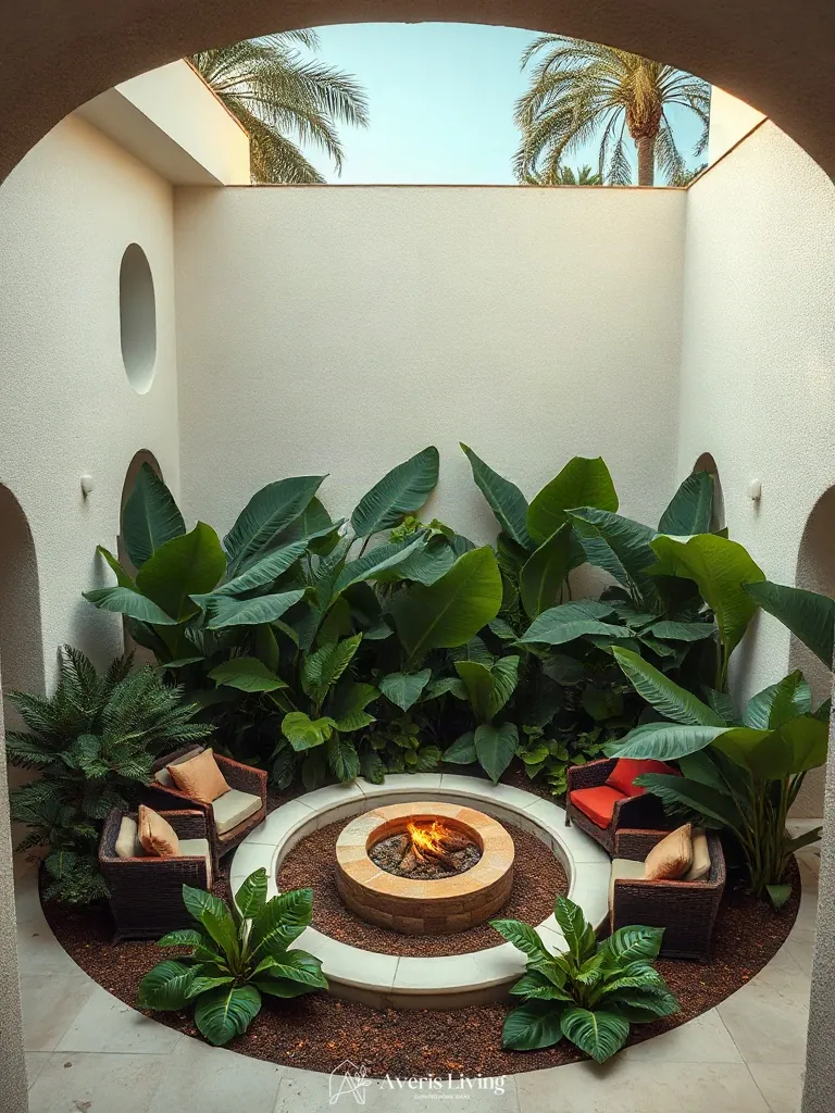 Gathering area in tropical backyard flower bed design inspiration
