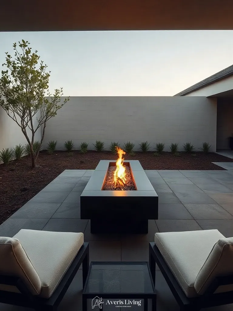 Ergonomic gathering area with linear fire pit in low maintenance backyard landscaping.