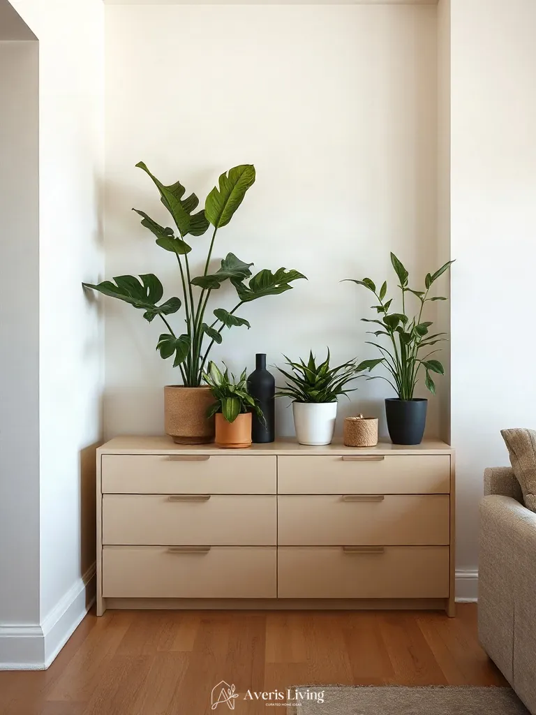 Hidden storage and plant station in a boho living room