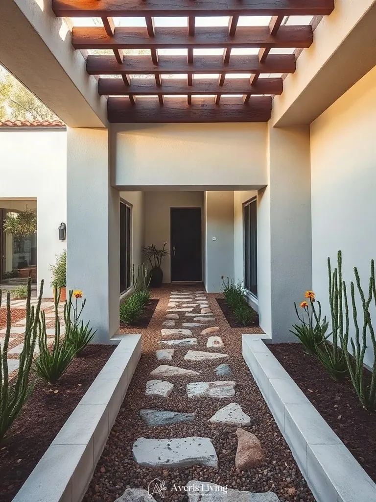 Ergonomic outdoor living integration along a modern garden pathway