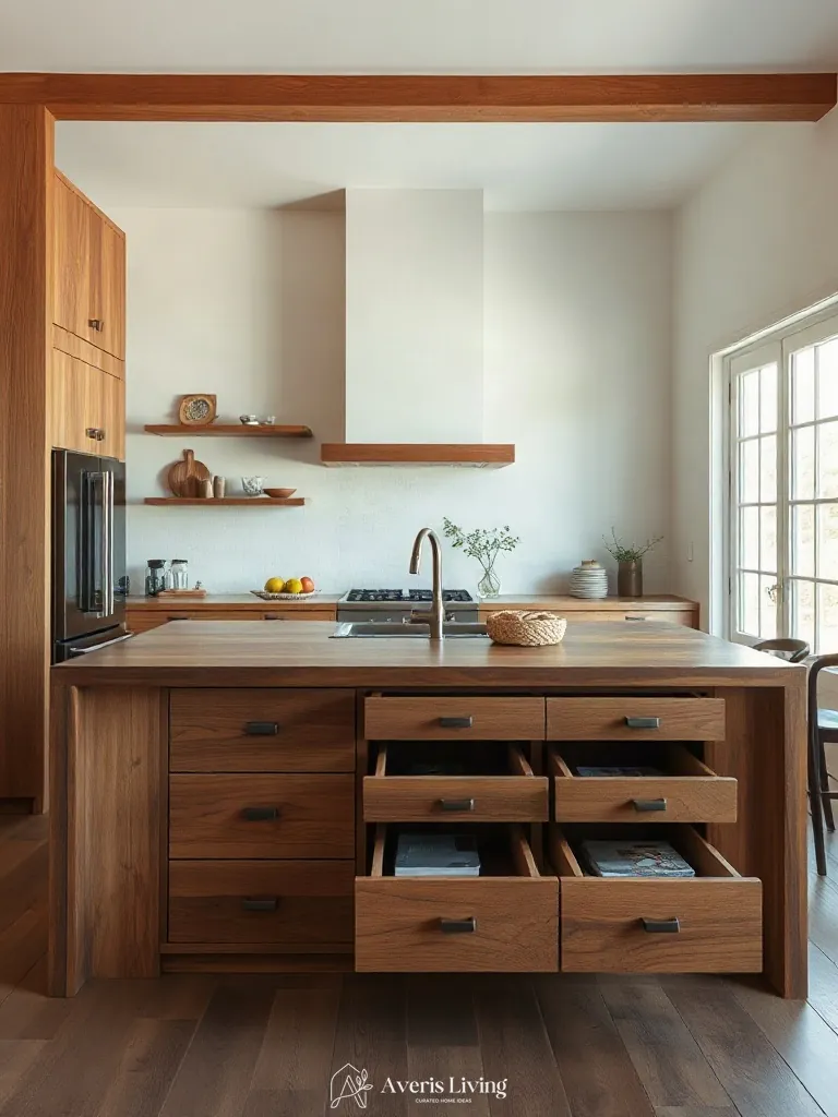 Ergonomic drawers and storage built into a rustic wood kitchen island.