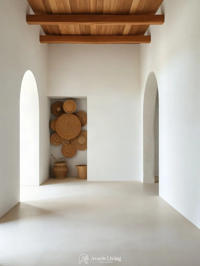 Ergonomic room layout featuring integrated storage and a woven basket wall display.