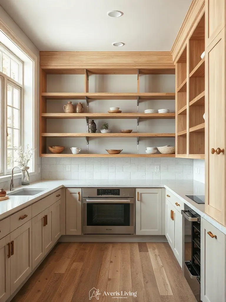 Ergonomic storage solutions in an open shelving farmhouse kitchen