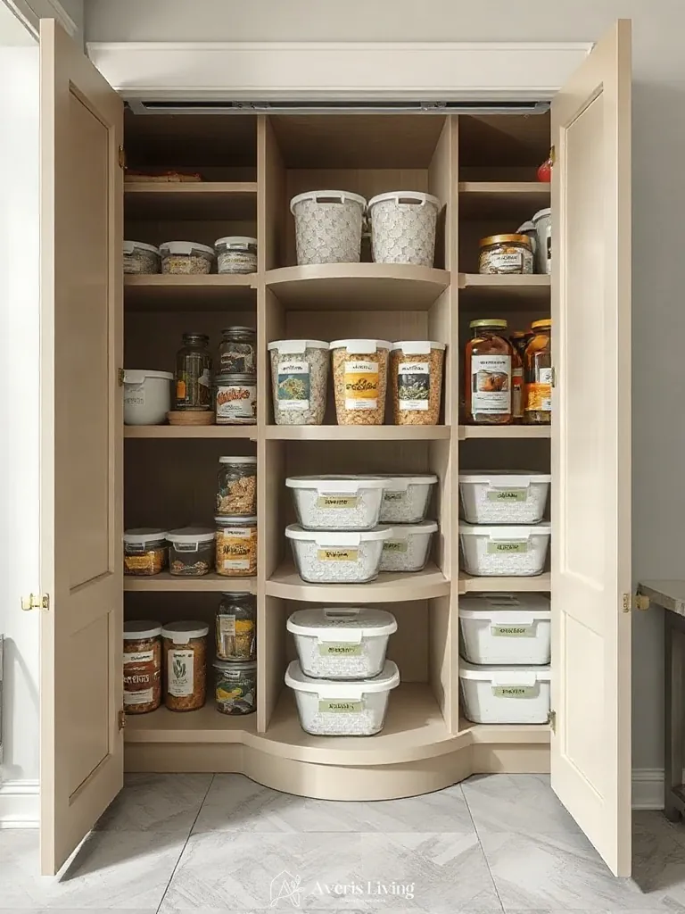 Ergonomic corner carousels outfitted with pantry organization bins and labels.