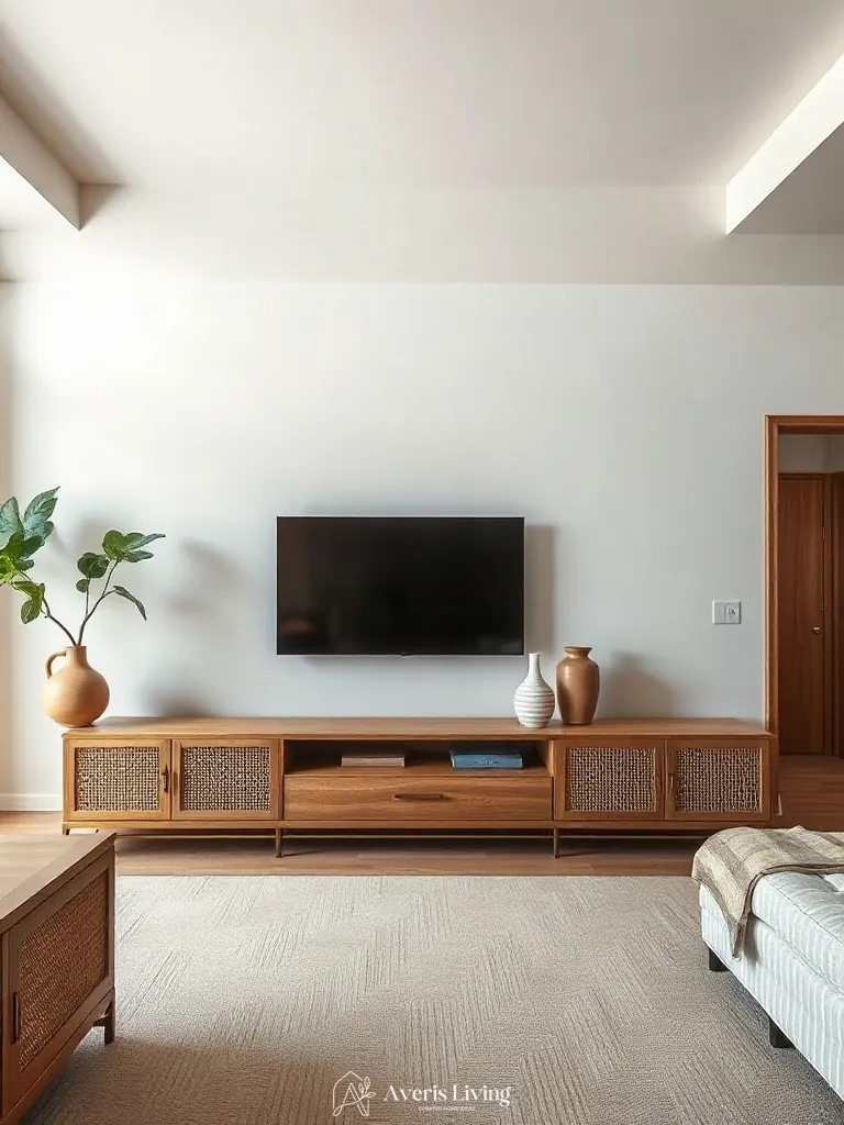 Concealed ergonomic storage with cane paneling in a rattan furniture living room styling setting