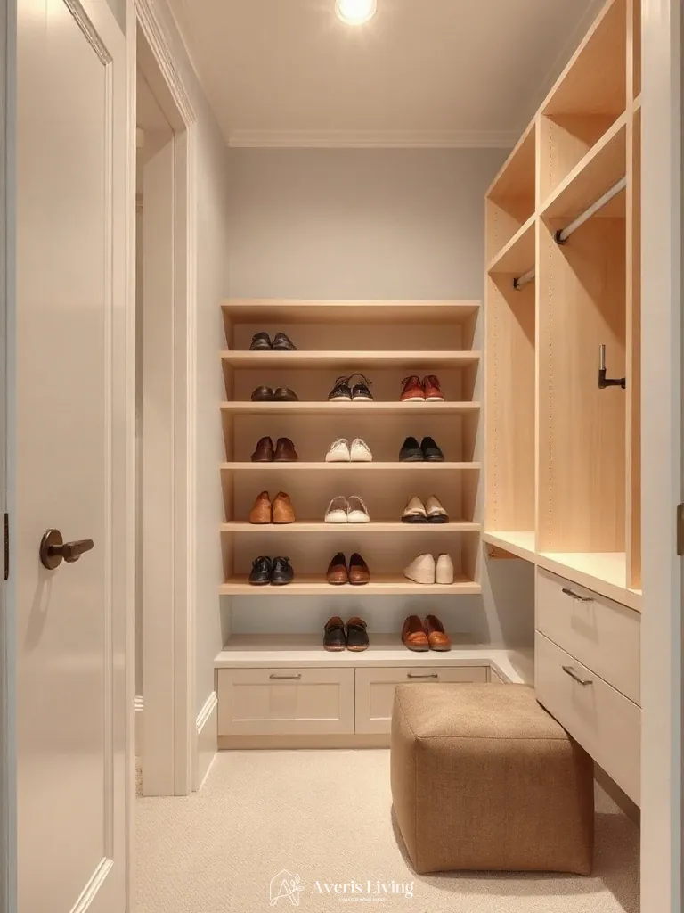 Ergonomic pull-out shoe shelving in small closet organization systems