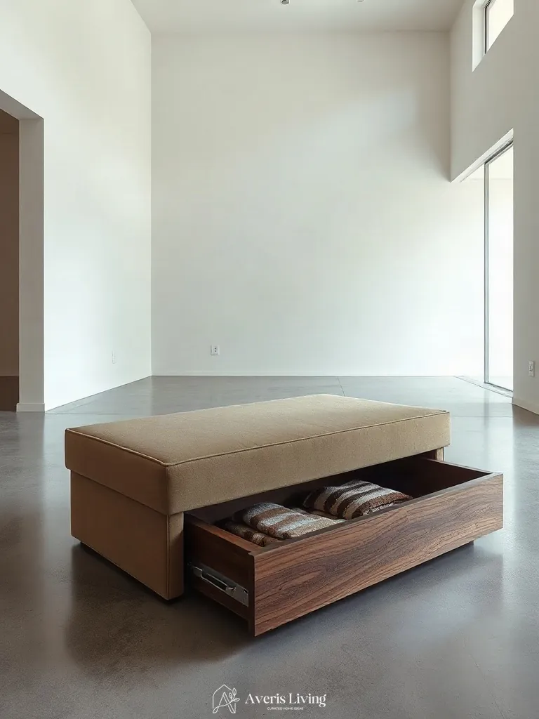 Sleek walnut-framed storage ottoman featuring push-to-open mechanics