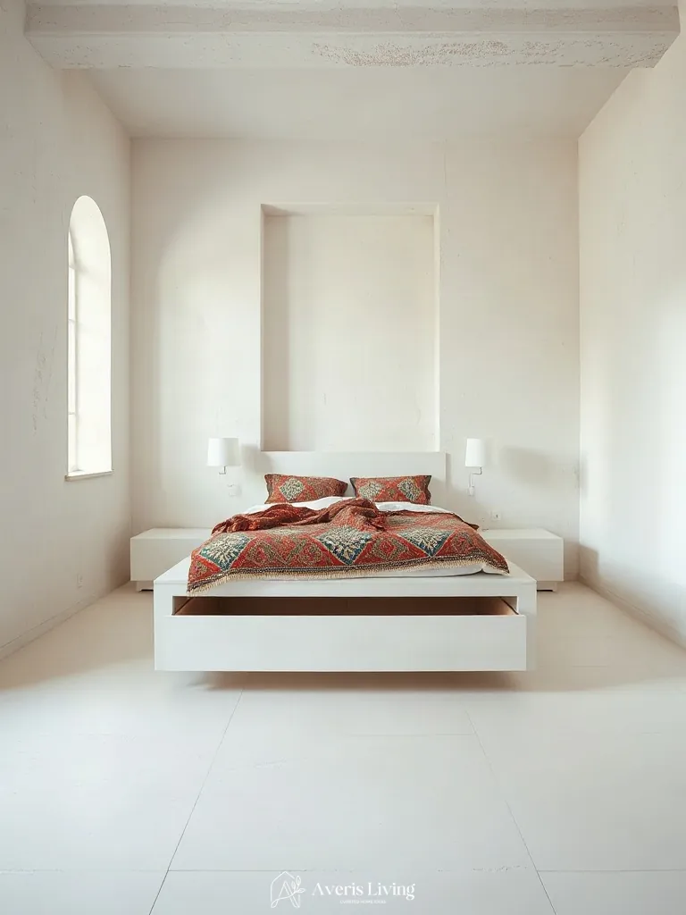 Hidden ergonomic storage beneath colorful bohemian bedding platform