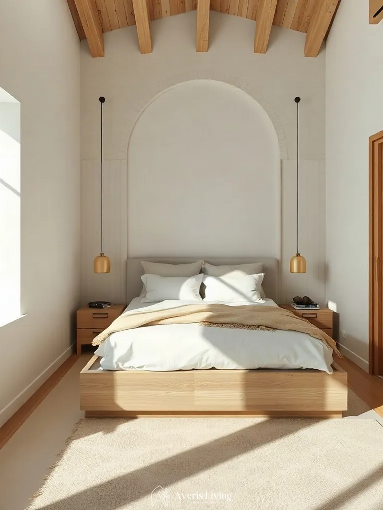 Platform bed with hidden storage drawers beneath neutral farmhouse bedding sets
