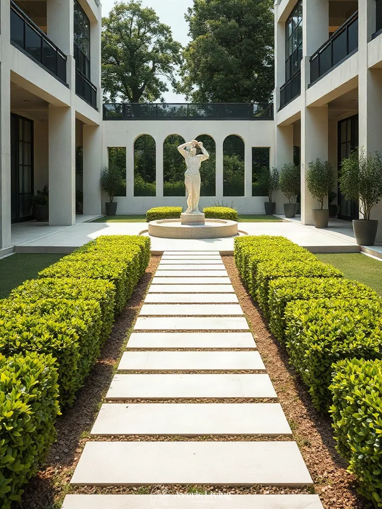 Linear stepping stone pathway creating a strong visual focal point in a modern yard