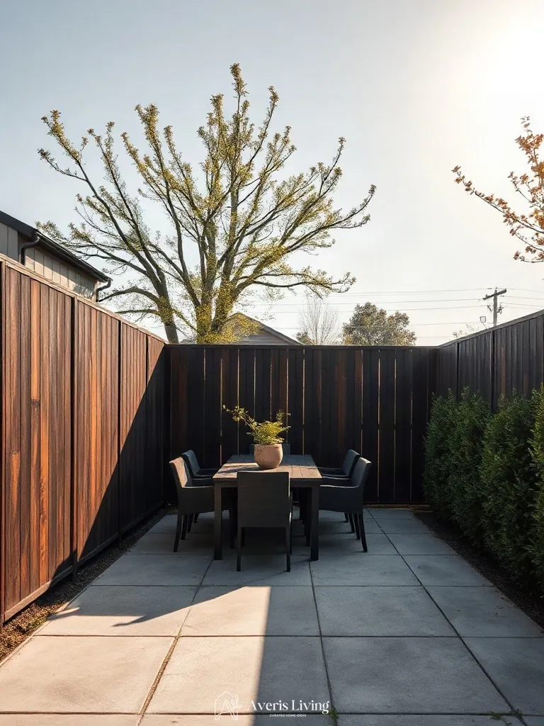Charred wood privacy fence enclosing an outdoor room