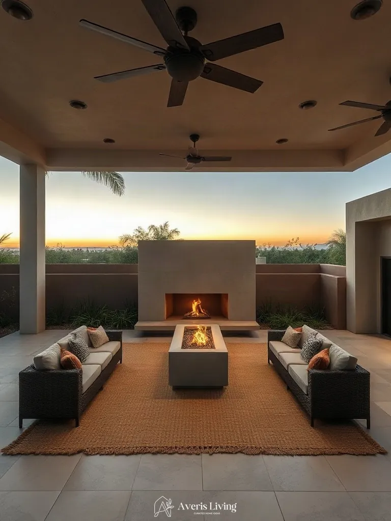 Architectural focal point anchoring an outdoor rug boho style