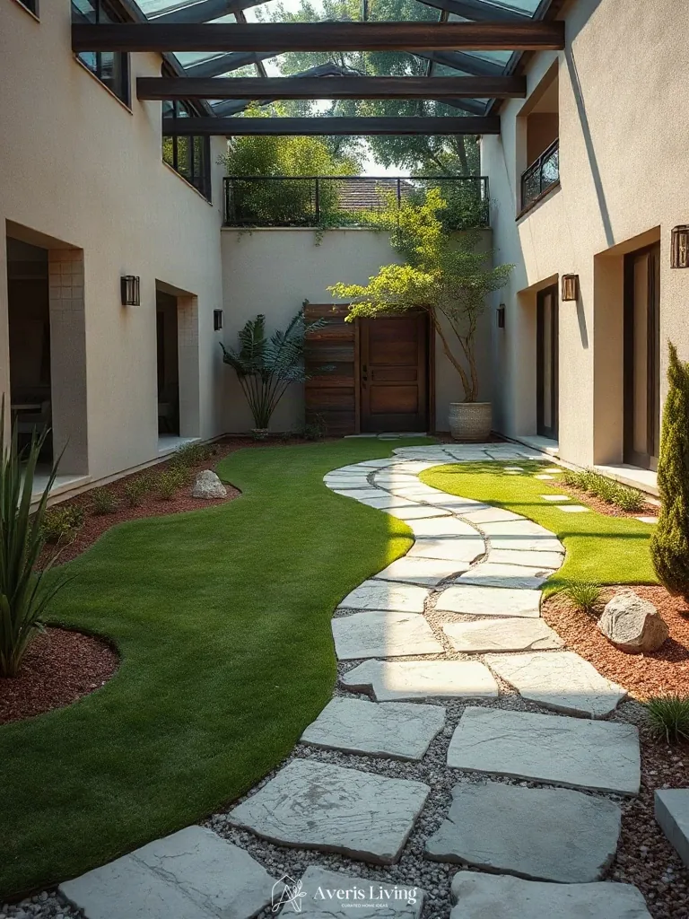 Curved stepping stone pathway establishing backyard circulation