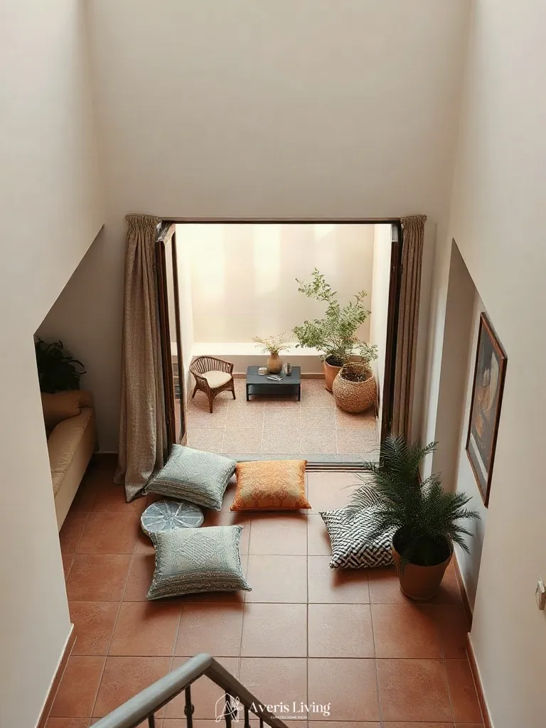 Visual flow from interior to exterior bohemian balcony decor with seamless flooring.